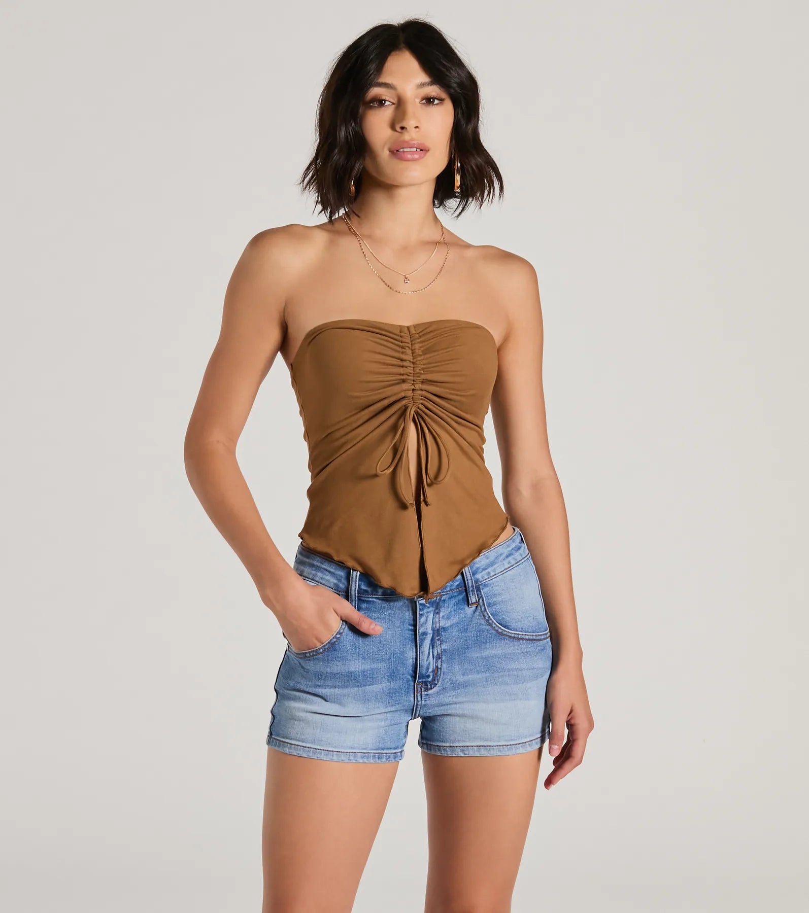 women's tops with ruffled hemsHit The City Strapless Slit Crop Top