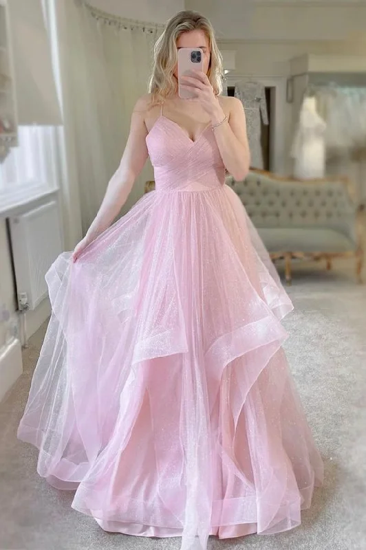 prom dresses for short girlsPink Tulle Long Prom Dresses, Sweet A-Line Evening Dresses Y6591