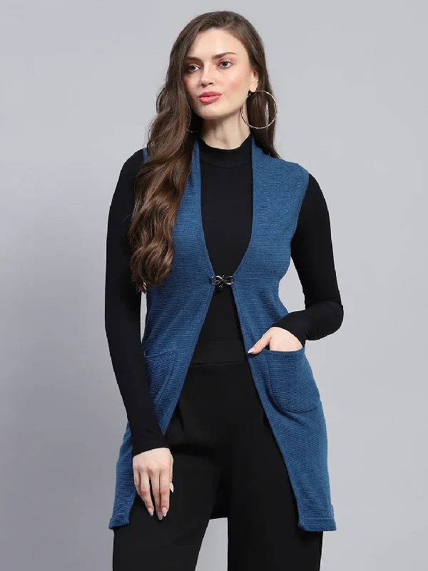 Turtle-Neck Wool SweatersWomen Blue Self Design V Neck Sleeveless Cardigan