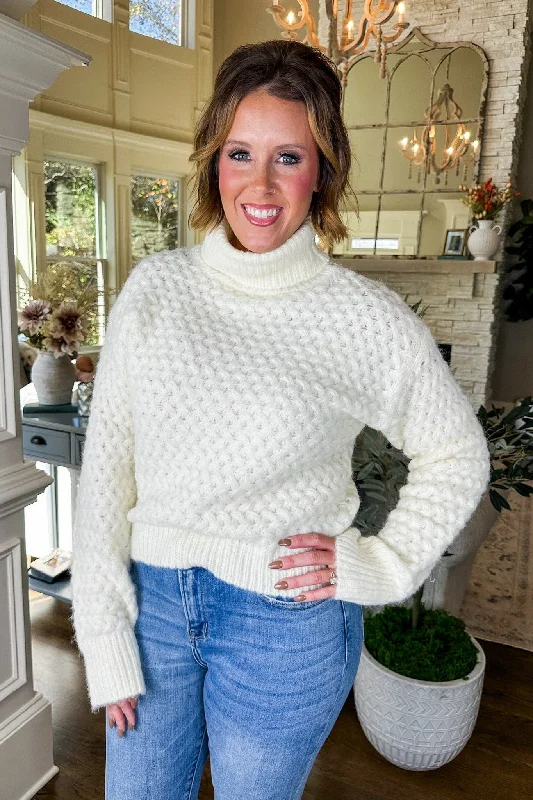 Turtle-Neck SweatersCozy Soft Woven Knit Ribbed Turtleneck Sweater in Cream