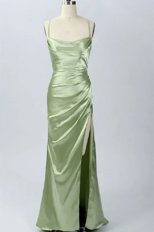 mermaid prom dressesGreen Scoop Neck Lace-Up Back Long Prom Dress with Slit Y6853