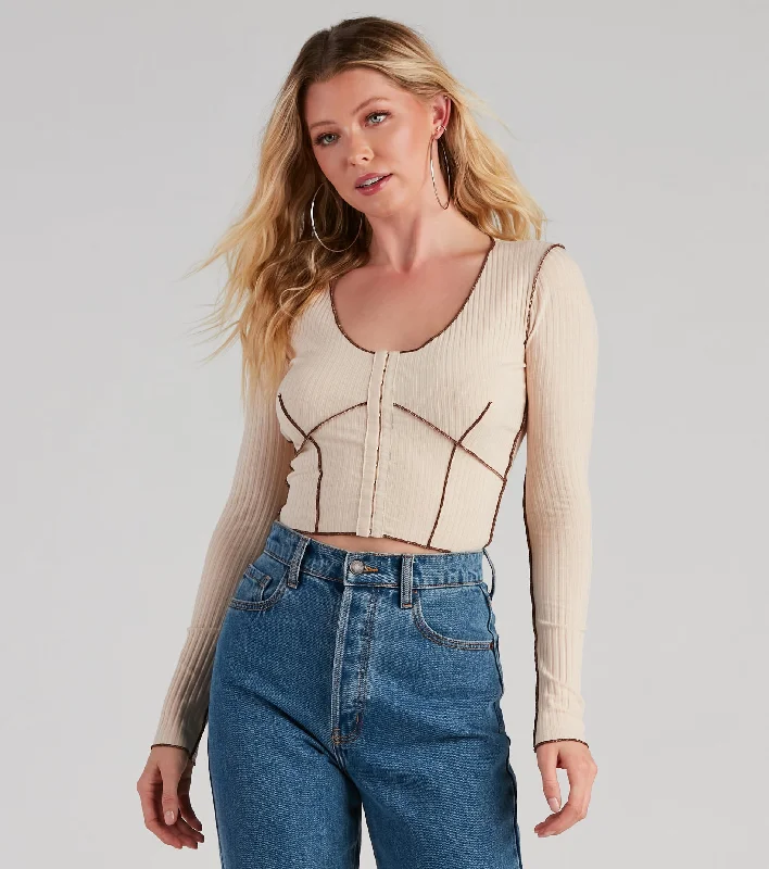 affordable women's topsDrawn In Ribbed Knit Top