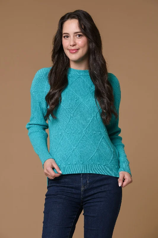 Knitted Crewneck SweatersRibbed Diamond Sweater-Teal