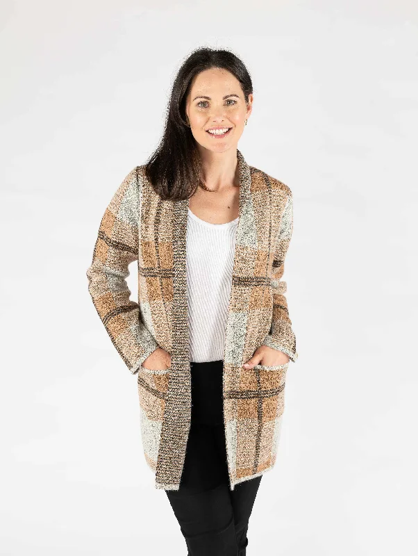 Fitted Cashmere SweatersCheck Pattern Cardigan- Rust/Grey