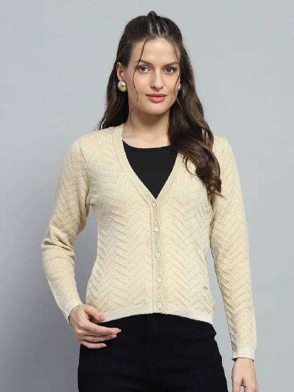 Thick Turtle-Neck Wool SweatersWomen Beige Self Design V Neck Full Sleeve Cardigan