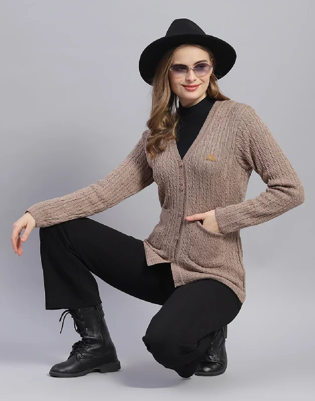 Wholesale Chunky SweatersWomen Brown Solid V Neck Full Sleeve Cardigan