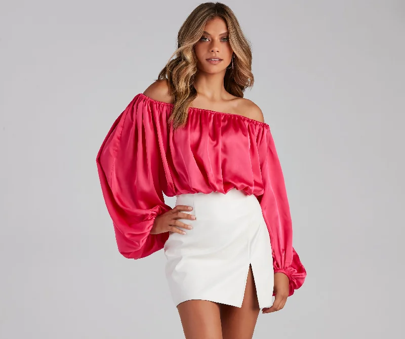 women's tops for those who want to make a bold fashion statement with their choice of topsLuxe Satin Off The Shoulder Top