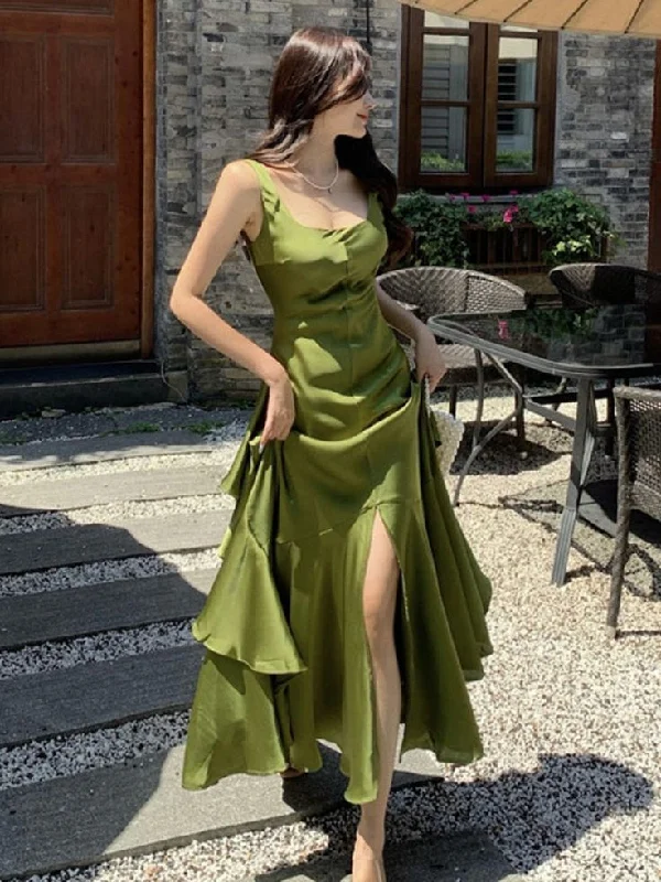 prom dresses for pear shapesWomen's Green Prom Dress Satin Mermaid Tail Bigwing Lotus Leaf Holiday Dress Y7281