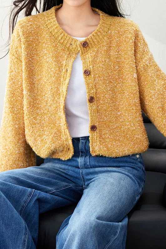 Custom Flannel-Lined SweatersYellow Single Button Oversized Round Neck Cardigan