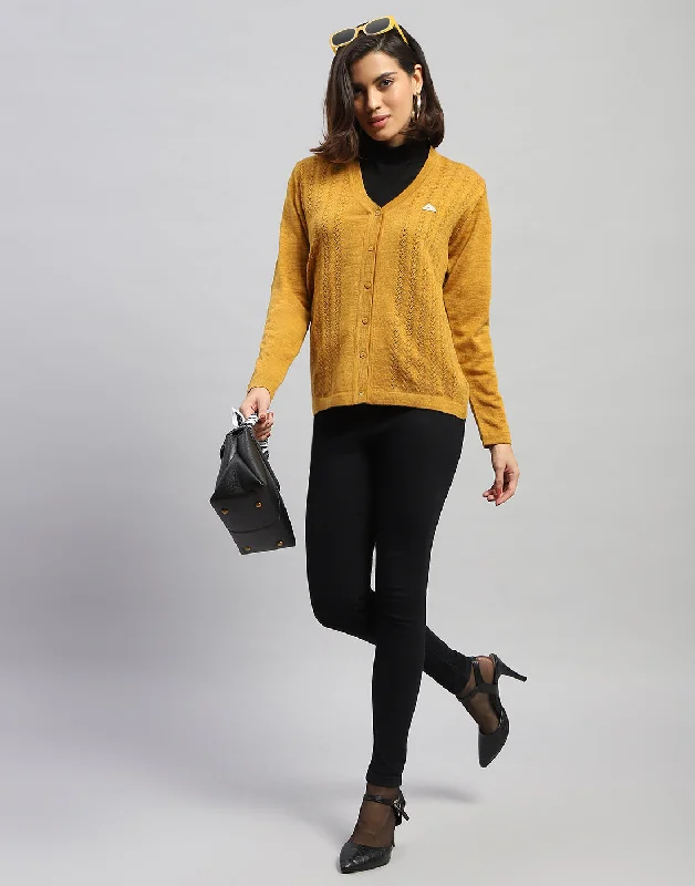 Elegant SweatersWomen Yellow Self Design V Neck Full Sleeve Cardigan