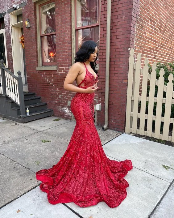 prom dresses for plus-size figuresLuxurious Red Mermaid Sleeveless Prom Dress,Red Glam Dress Y6696