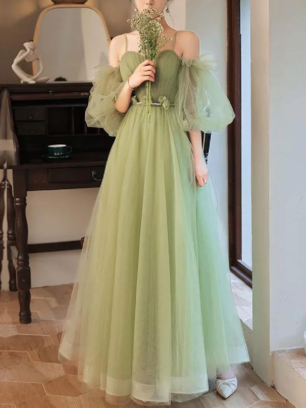 bespoke prom dressesSimple A line Green Long Prom Dress, Green Tulle Bridesmaid Dress Y6986