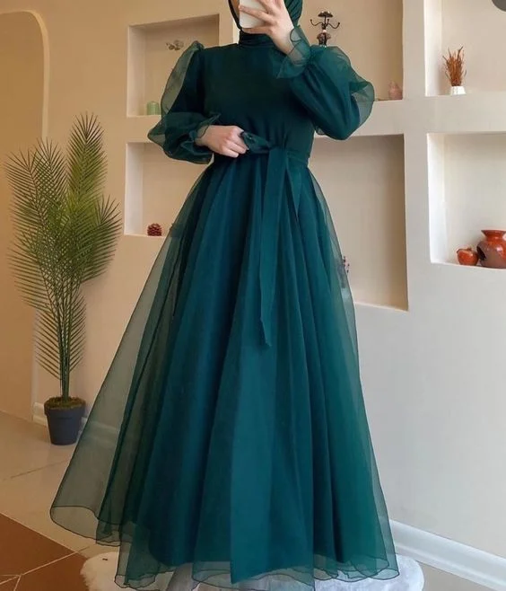 prom dresses for short girlsModest A-line Long Sleeves Tulle Prom Dress,Muslim Dress Y6969