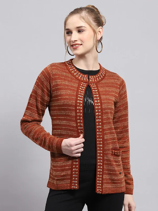 Pullover Chunky SweatersWomen Rust Stripe Round Neck Full Sleeve Cardigan