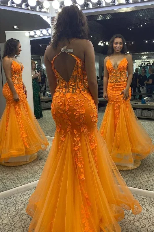 prom dresses for hourglass figuresOrange Appliques V-Neck Backless Mermaid Long Prom Dress Y6697