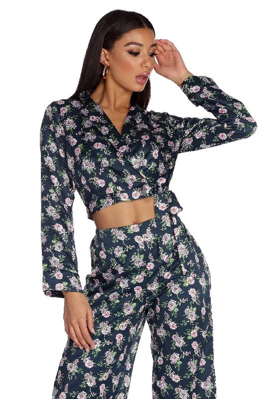 women's tops for those who value both quality and affordabilityBloom Out Satin Pajama Crop Top