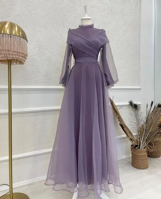 glamorous prom dressesModest Purple A-line Long Sleeves Prom Dress,Muslim Prom Gown Y6749