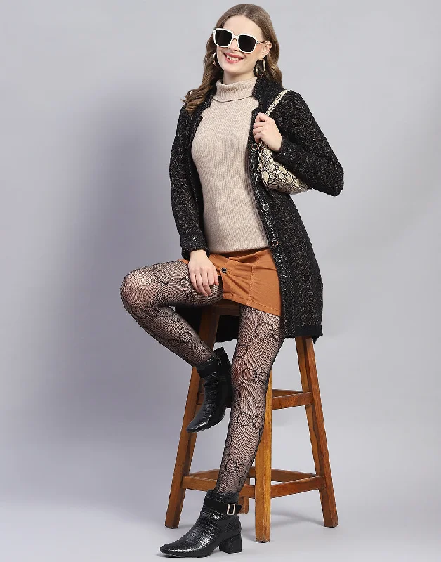 Embellished SweatersWomen Black Jaquard V Neck Full Sleeve Cardigan