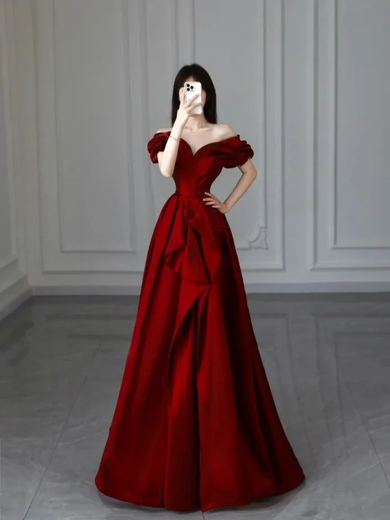 sleeveless prom dressesBurgundy Satin Long Prom Dress, A-Line Evening Dress Y6026