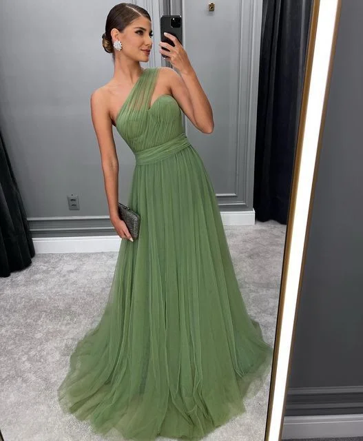 metallic prom dressesGreen Long A-line Prom Dress,Trendy Tulle Formal Evening Dresses Y5602