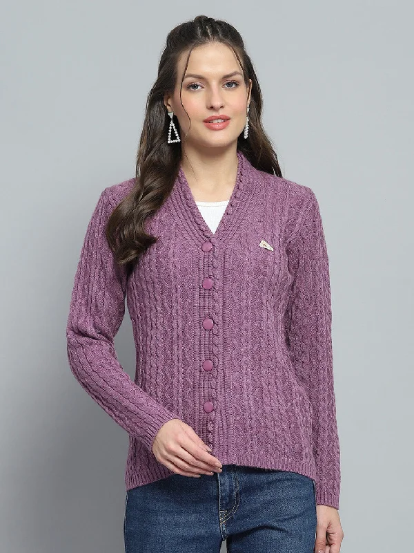 Colorful SweatersWomen Purple Self Design V Neck Full Sleeve Cardigan