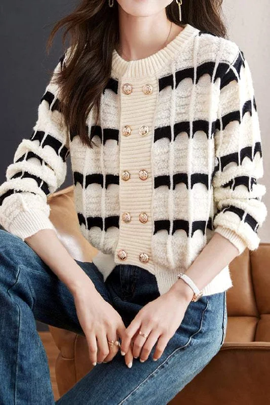 Trendy Vintage Flannel SweatersFashionable Color Block Striped Knit Cardigan in Chanel Style