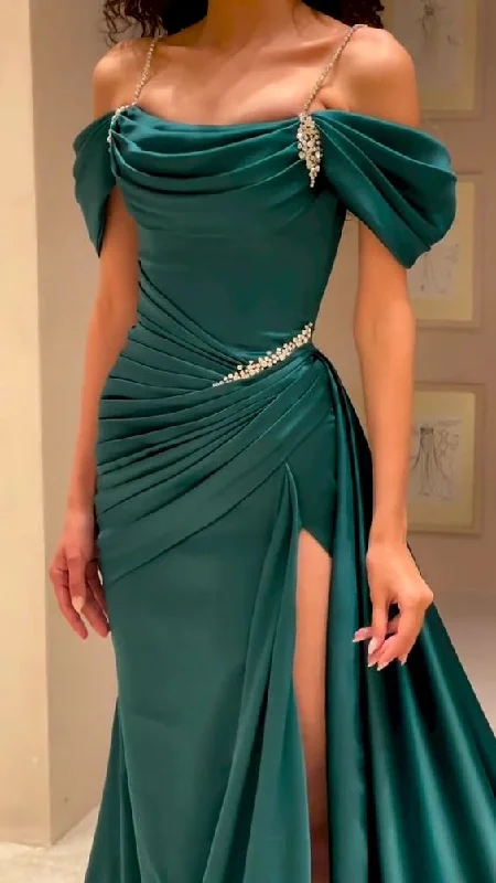 affordable prom dressesElegant Green Prom Dress Spaghetti Strap Sleeveless High Slit Y6638