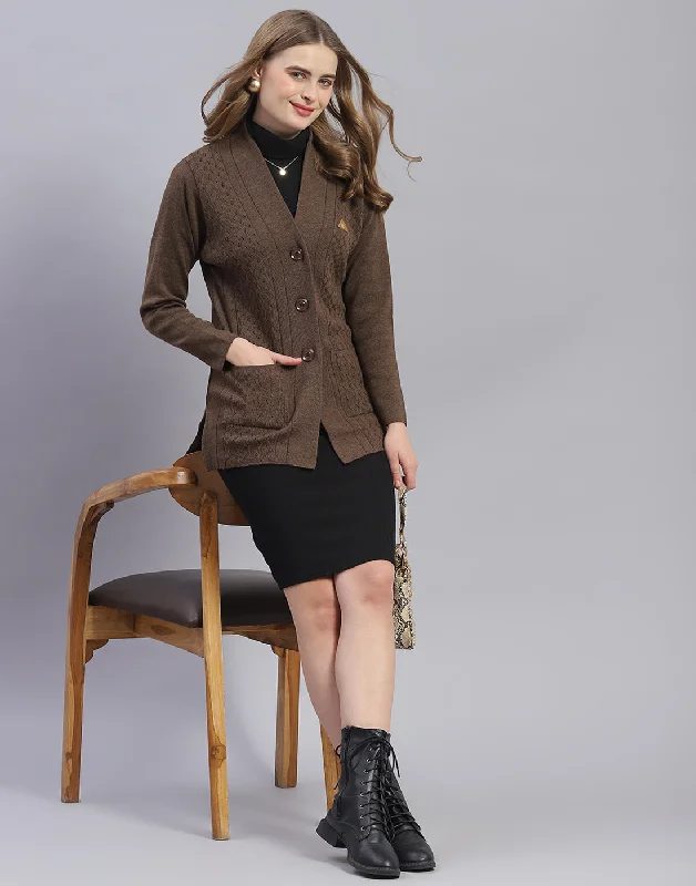 Trendy Pullover SweatersWomen Brown Solid V Neck Full Sleeve Cardigan