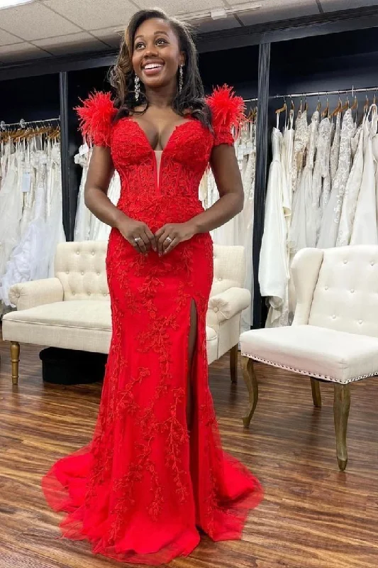 halter neck prom dressesRed Lace Mermaid Prom Dress With Split,Red Evening Dress Y5721