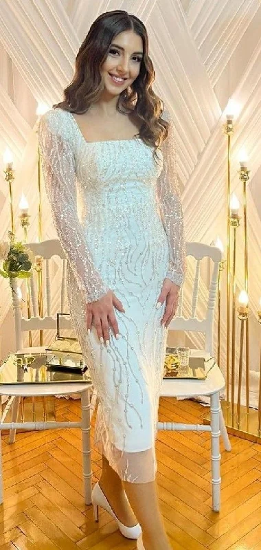 satin prom dressesWhite Sequin Formal Prom Dress Long Sleeve,White Engagement Dress Y6588