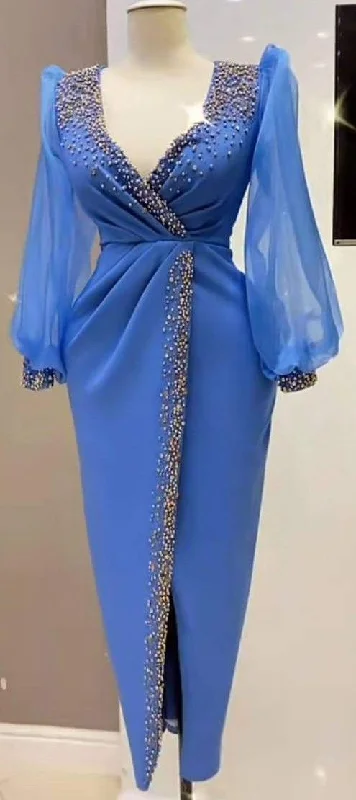 prom dresses for curve-hugging figuresRetro Style Blue Lantern Sleeves Prom Dress Classy Blue Evening Dress Y5680