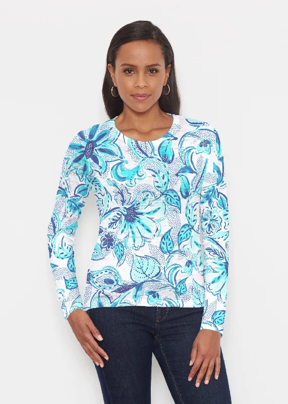 women's tops with cold-shoulder cuts and lace detailingBaltic Watercolor Aqua (7696) ~ Signature Long Sleeve Crew Shirt