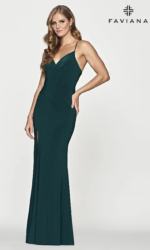 prom dresses with sequin detailingDark Green Long Faviana Prom Dress with Ruching