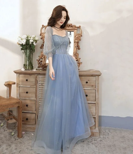 ready-to-wear prom dressesBlue tulle beaded long prom dress blue evening dress Y5835