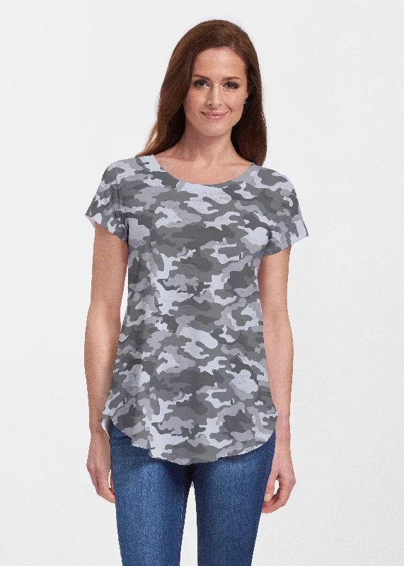 women's tops for those who want to elevate their everyday wear with chic and elegant piecesCamo Grey (9245) ~ Signature Short Sleeve Scoop Neck Flowy Tunic