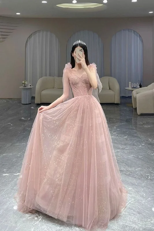 chiffon prom dressesPink A-Line Tulle Long Prom Dress, Cute Pink Graduation Dress Y7009