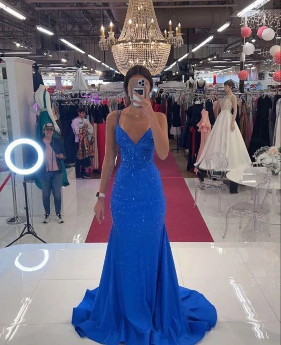 dark prom dressesMermaid Deep V Neck Royal Blue Long Prom Dress with Beading Y6919