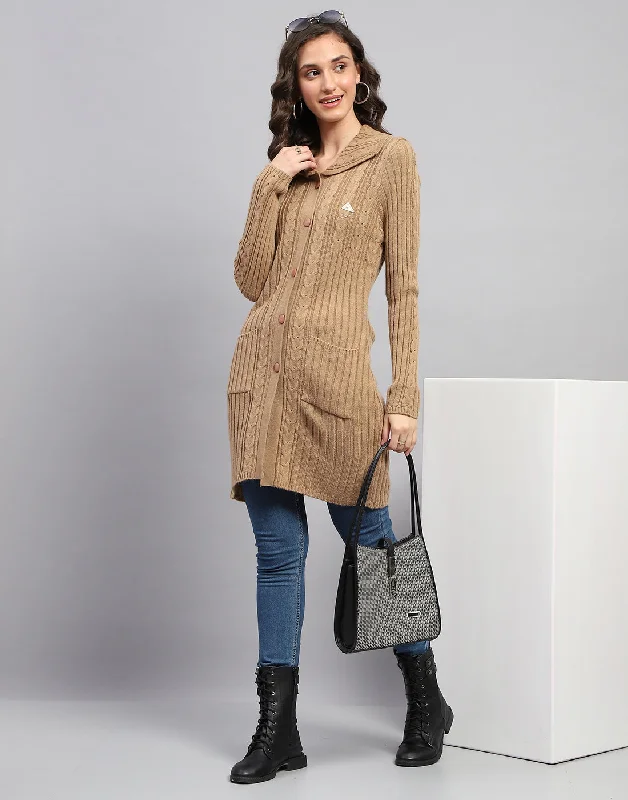 Thick Turtle-Neck Wool SweatersWomen Brown Self Design Collar Full Sleeve Cardigan