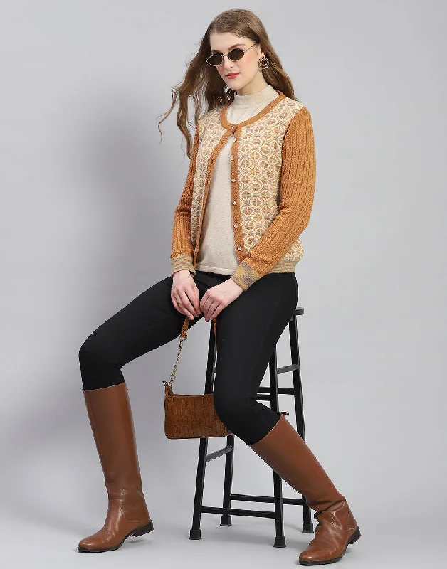 Luxurious SweatersWomen Rust Self Design Round Neck Full Sleeve Cardigan