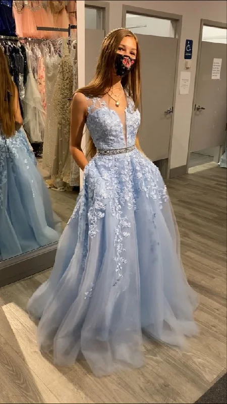 floral prom dressesLight blue v-neck long A-line prom dress new arrive evening dress Y6464