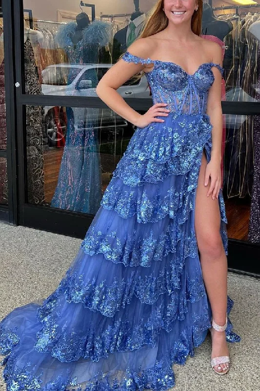 prom dresses for short girlsModern A Line Off the Shoulder Blue Tulle Long Prom Dress With Sequin Lace Y6612