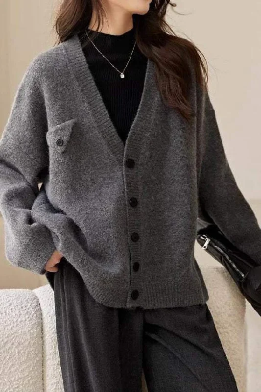 Fashionable Luxurious Chunky SweatersV-Neck Long Sleeve Solid Knit Cardigan