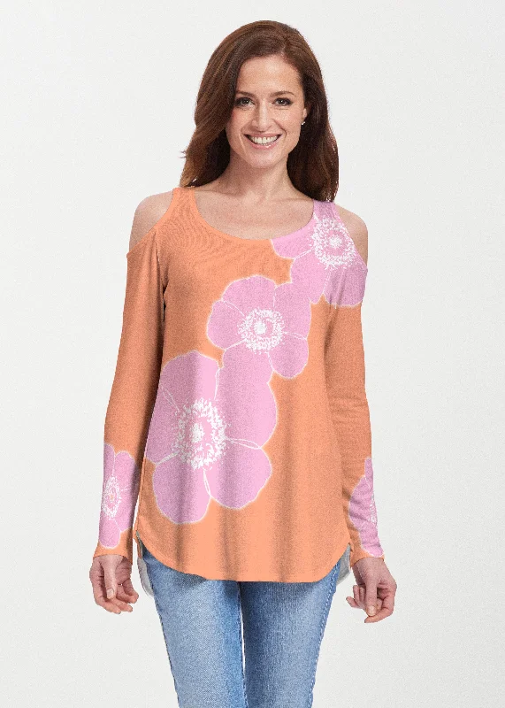 trendy women's topsPoppy Orange-Pink (7108) ~ Butterknit Cold Shoulder Tunic