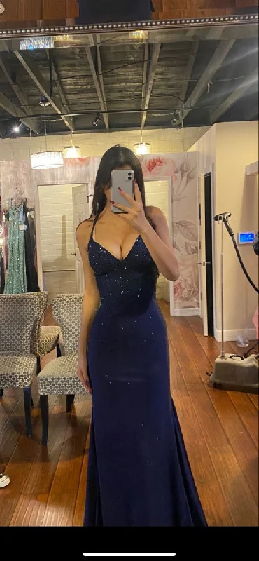 cap sleeve prom dressesElegant Navy Blue Mermaid Prom Dress,Navy Blue Evening Gown  Y6779