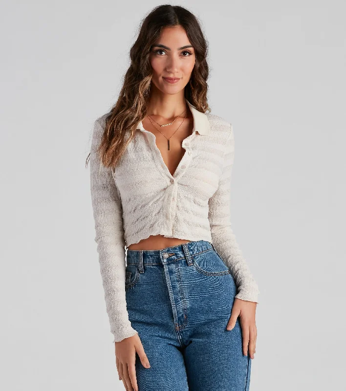 women's tops with embroidery detailsTrendy Knits Pointelle Crop Top