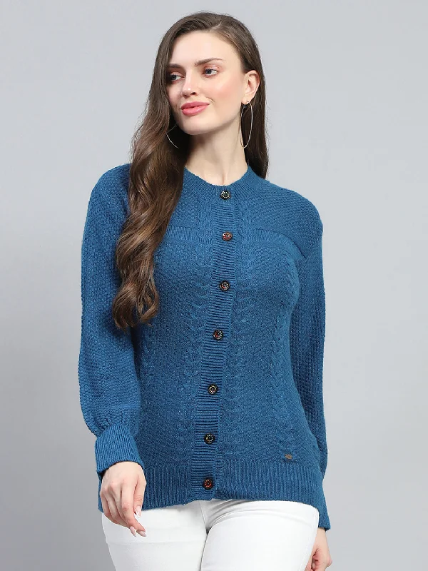 Trendy Pullover SweatersWomen Blue Self Design Round Neck Full Sleeve Cardigan