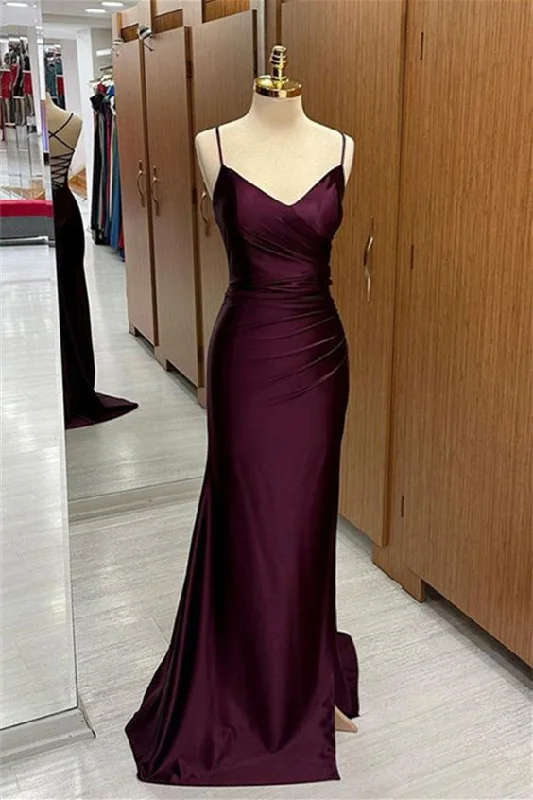 flowy prom dressesV Neck Lace-Up Back Pleated Long Prom Dress with Slit Y6793