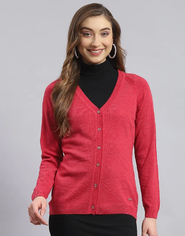 Cardigan Baby SweatersWomen Red Solid V Neck Full Sleeve Sweater