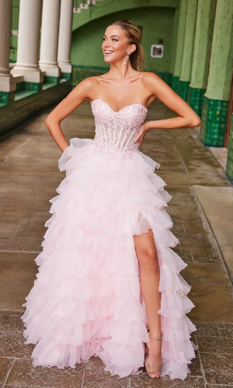 thigh-high slit prom dressesStrapless Ruffled Prom Ball Gown: Nox Anabel R1688