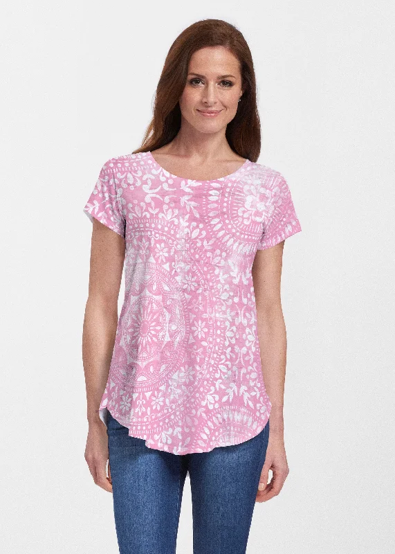 women's tops for vintage fashion enthusiastsDual Medallion Pink (13461) ~ Signature Short Sleeve Scoop Neck Flowy Tunic